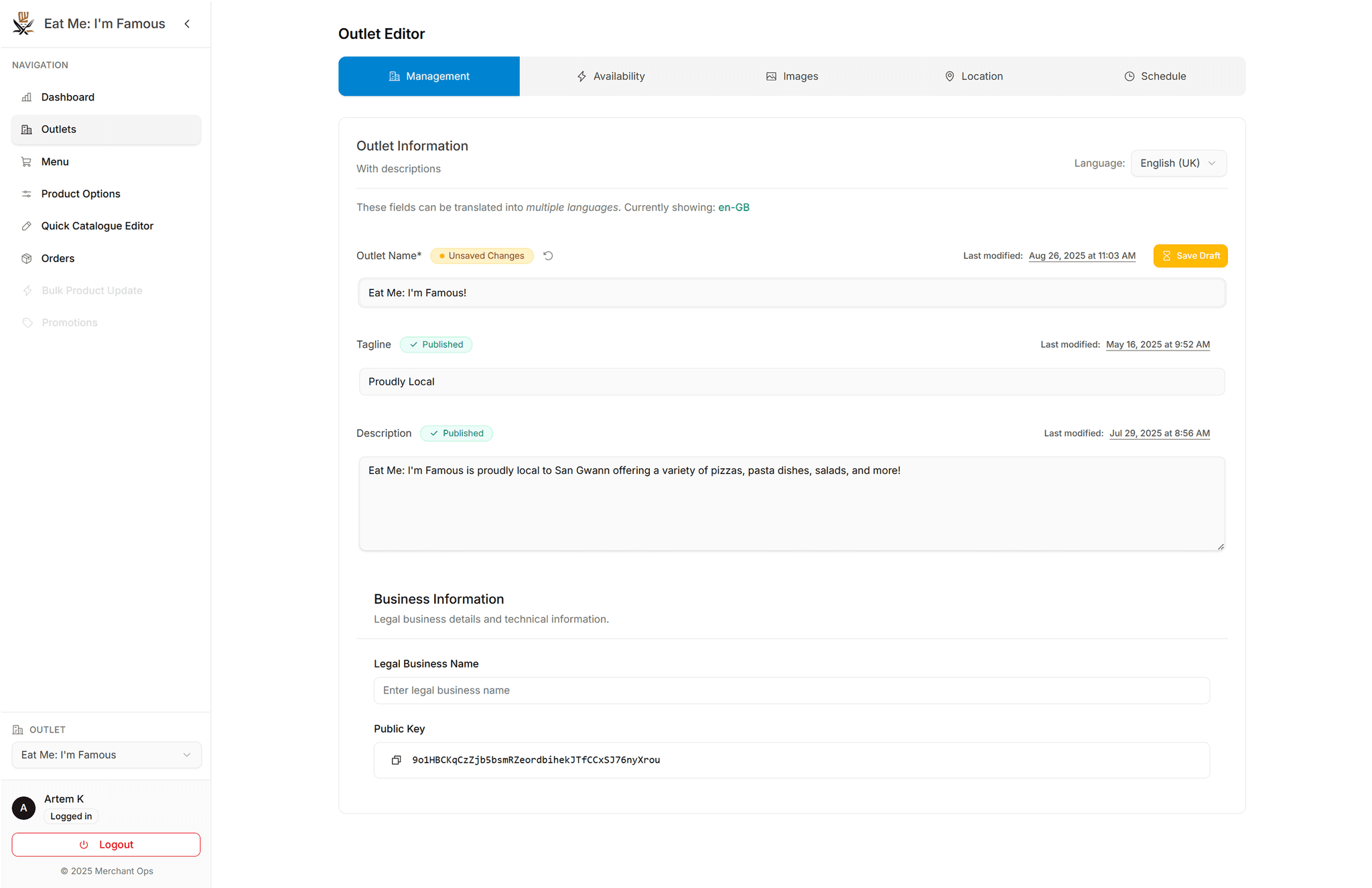 Edit Restaurant View